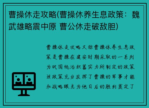 曹操休走攻略(曹操休养生息政策：魏武雄略震中原 曹公休走破敌胆)